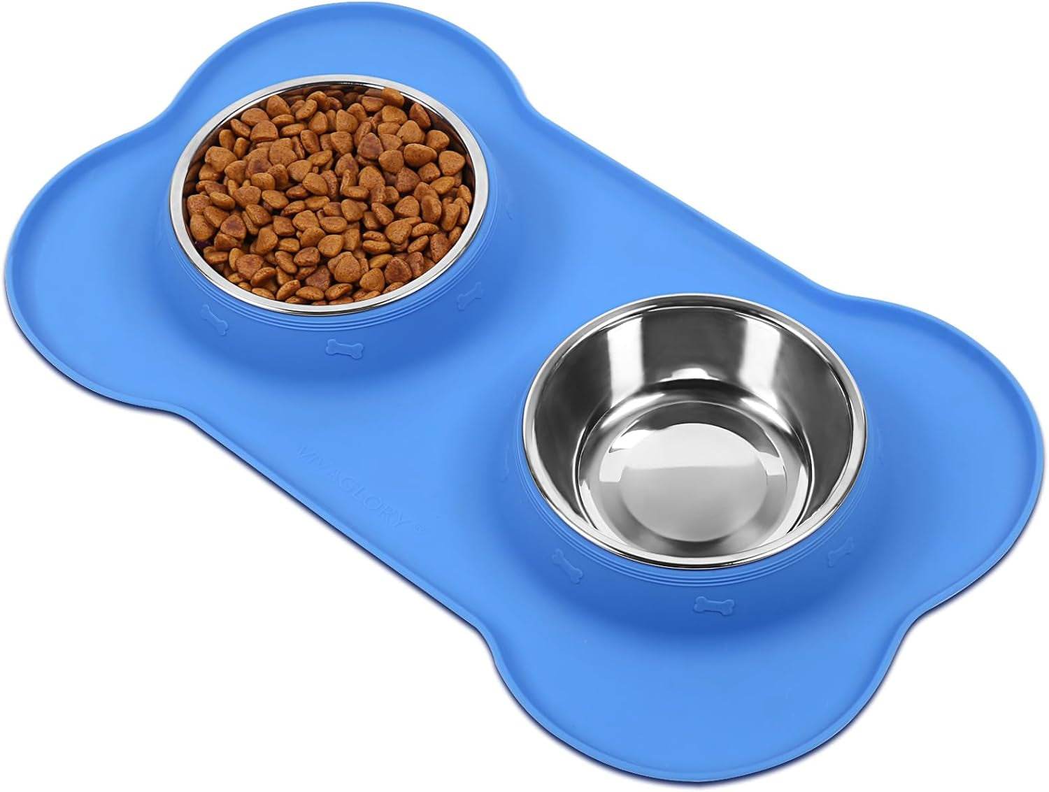 Dog Bowls, Dog Food Bowls, Stainless Steel Cat Puppy Water Bowls with Non Spill Skid Resistant Silicone Mat, Large, Blue