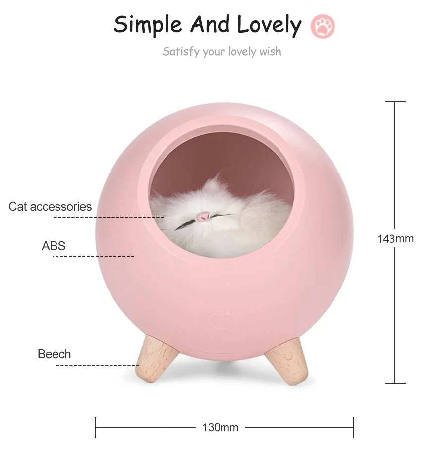 Pink LED cat night light with warm yellow glow, ABS and beech materials, 130x143mm size, smart dimming and charging display