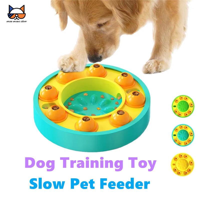 Interactive puzzle toy for dogs with multiple compartments for food rewards, designed to enhance pet intelligence and promote slow feeding.