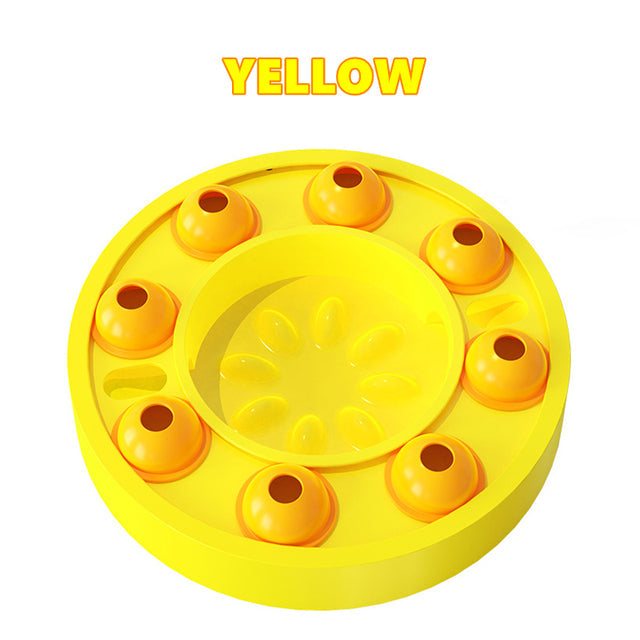 Yellow interactive puzzle toy for dogs with multiple compartments and food reward feature