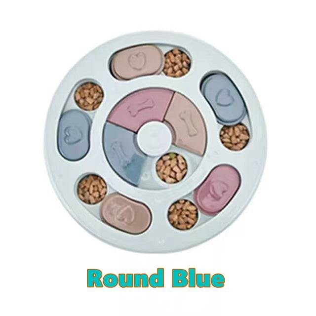 Round blue interactive puzzle toy for dogs with food compartments and sliding lids