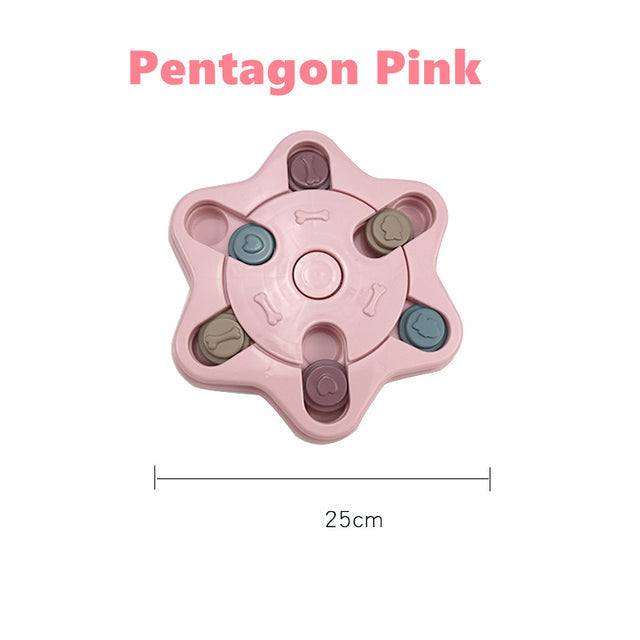 Interactive pink pentagon puzzle toy for dogs with multiple compartments for slow feeding and intelligence training, 25cm diameter.