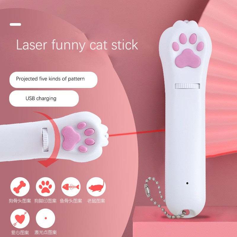 White laser cat teaser with pink paw design, USB rechargeable, projecting multiple light patterns for interactive pet play