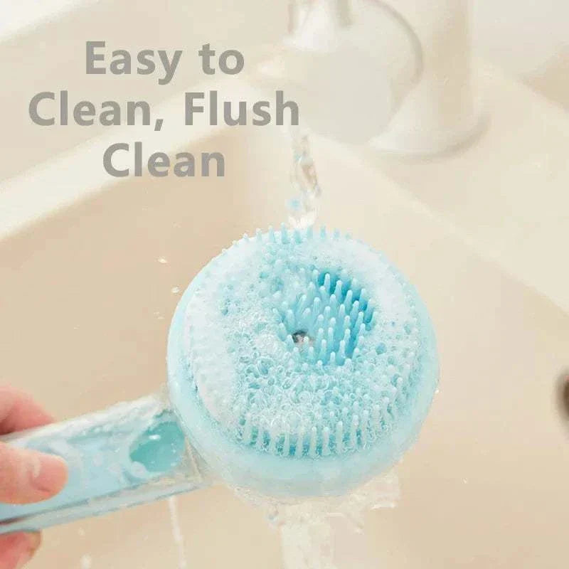 Soft silicone dog bathing brush with built-in shampoo dispenser, ergonomic non-slip handle, and easy-to-clean design