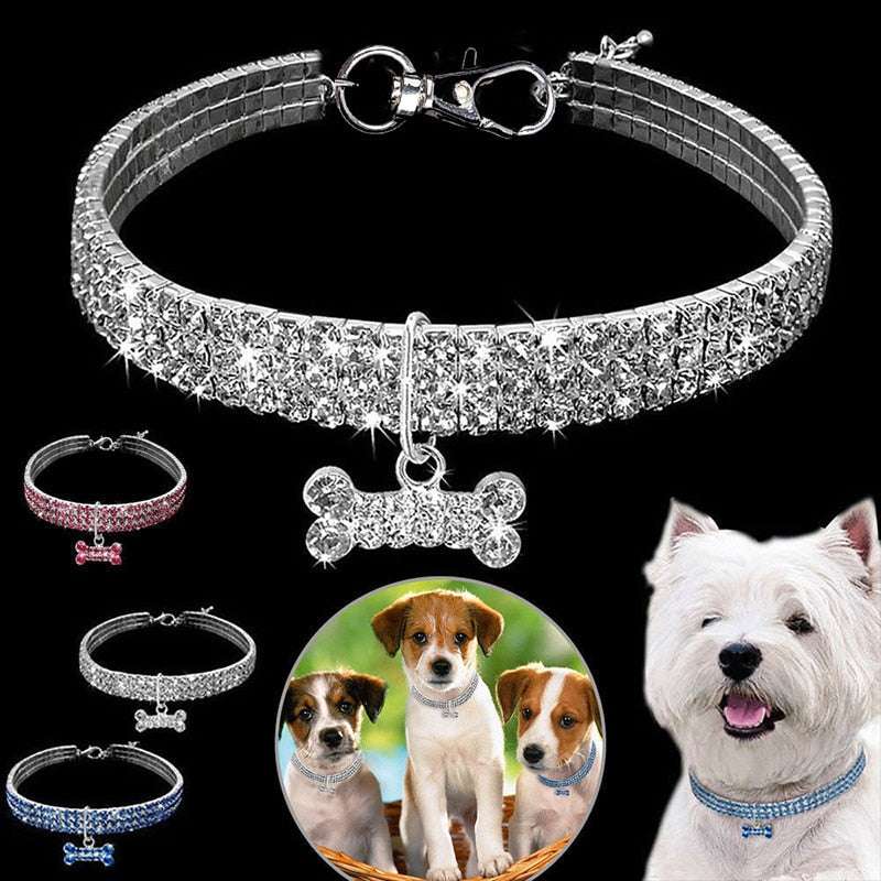 Bling crystal dog collar with rhinestones and bone pendant for small dogs and puppies