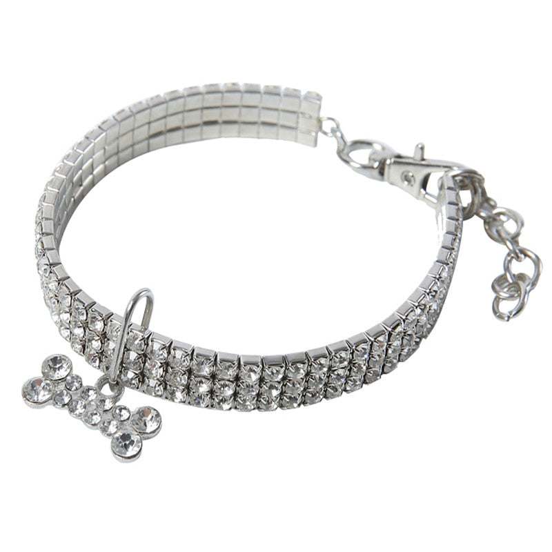 Bling Crystal Dog Collar with rhinestones and bone-shaped pendant for small dogs and puppies