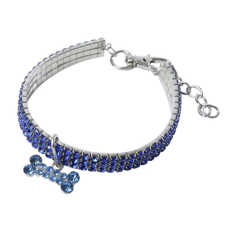 Bling crystal dog collar with blue rhinestones and bone-shaped pendant for small dogs and puppies