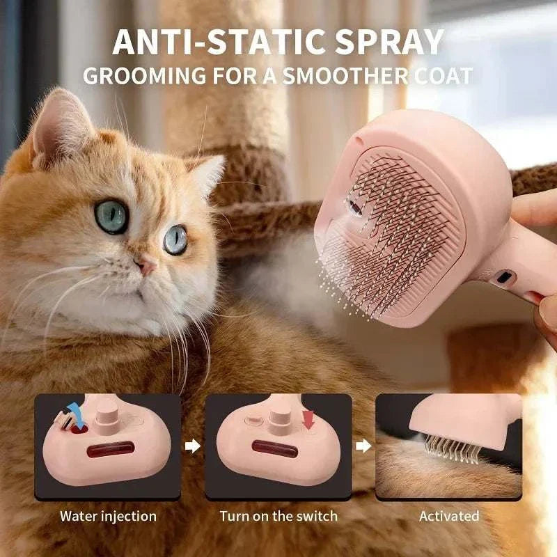 Steam Pet Comb grooming brush with anti-static steam spray for smoother pet coat and easy detangling