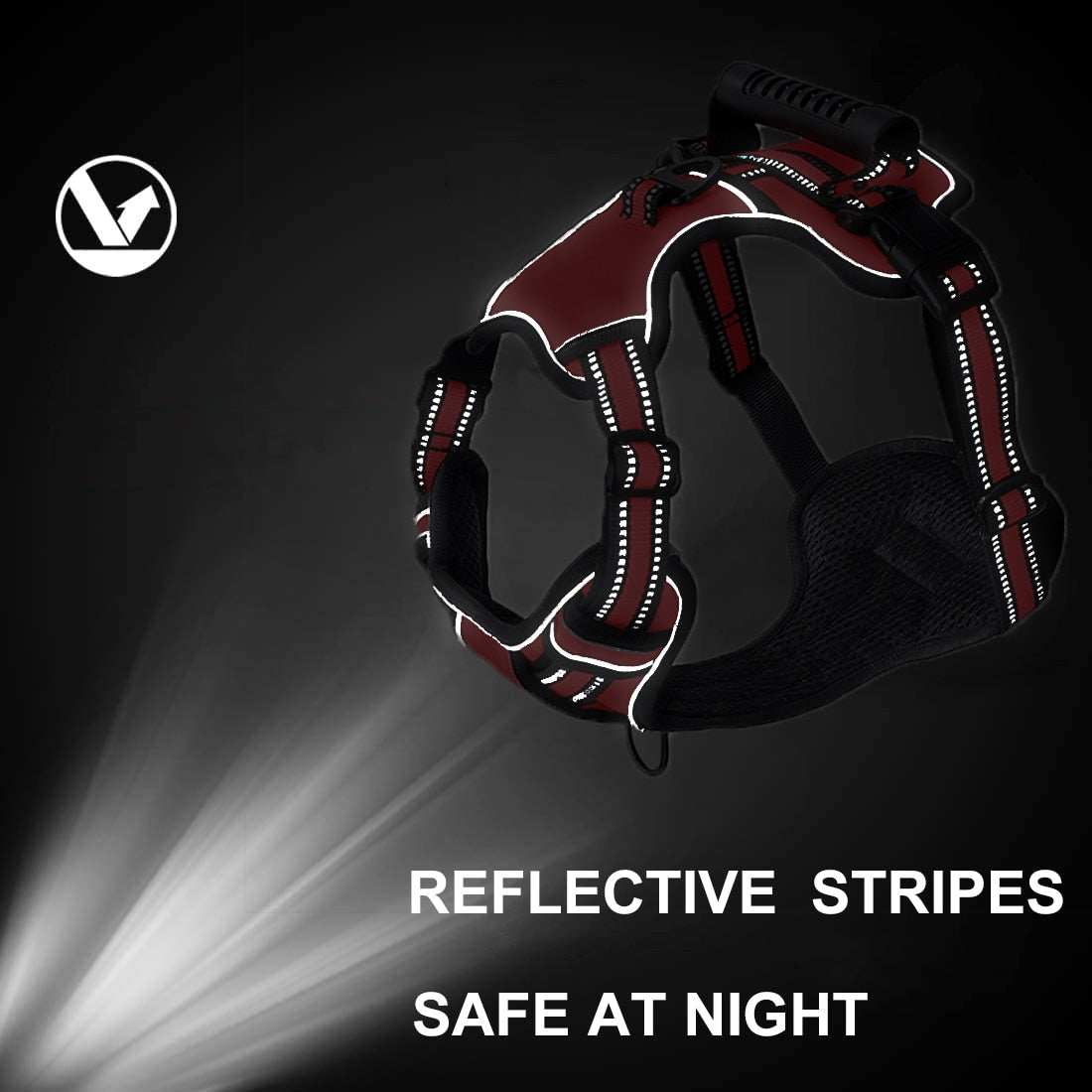 Reflective dog harness with adjustable straps and safety features for night use in black color