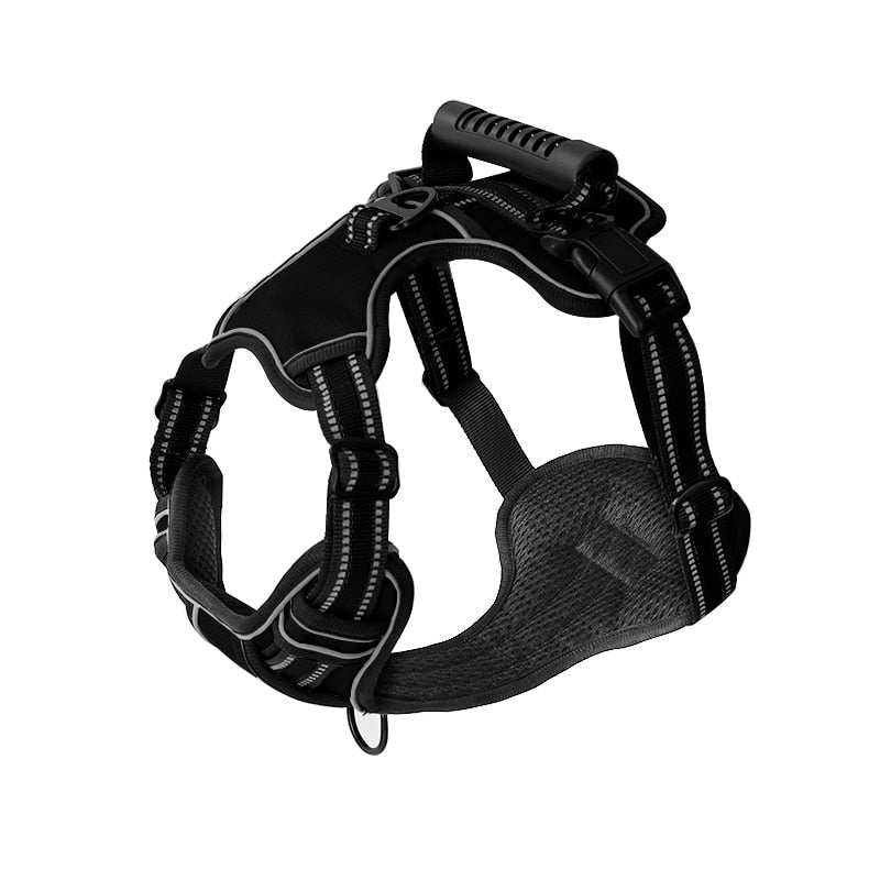 Black adjustable dog harness with padded straps and reflective stitching