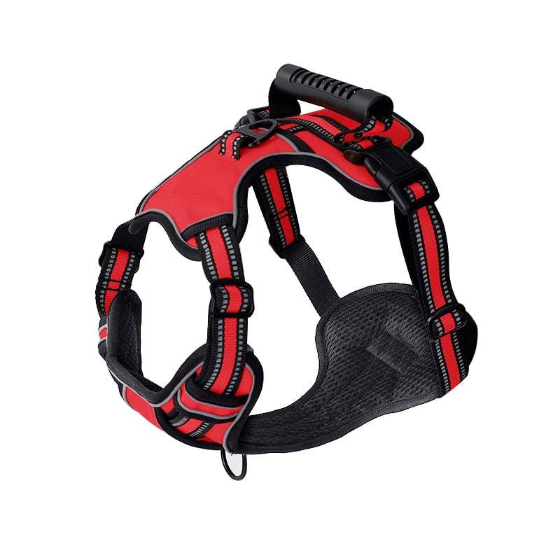 Adjustable red and black dog harness with padded straps, designed for comfort and safety, part of dog harness and retractable leash set.