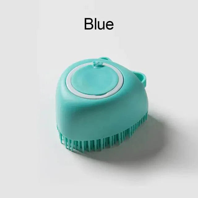 Blue soft silicone dog brush with gentle bristles and built-in shampoo dispenser for pet grooming