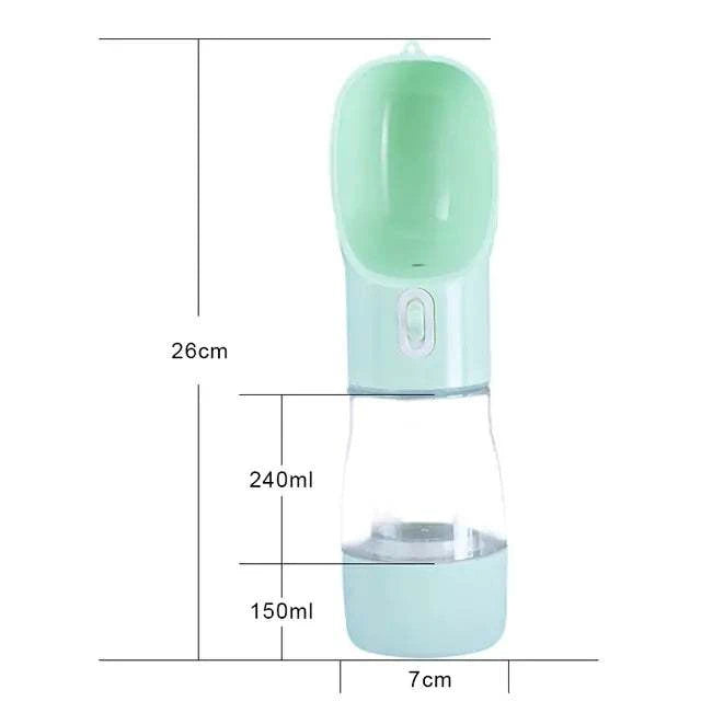 Pet dog water bottle feeder with built-in bowl, BPA-free plastic, 26cm height, 7cm diameter, 20 oz capacity, green color.