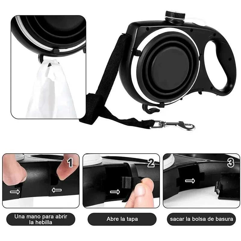 All-in-One dog leash with built-in water bottle, collapsible bowl, and waste bag holder for convenient pet hydration and cleanup on the go