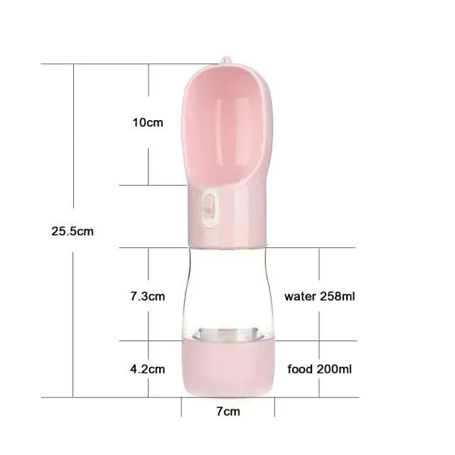 Pink Pet Dog Water Bottle Feeder with built-in bowl, BPA-free, 20 oz capacity for water and food, portable and spill-proof.