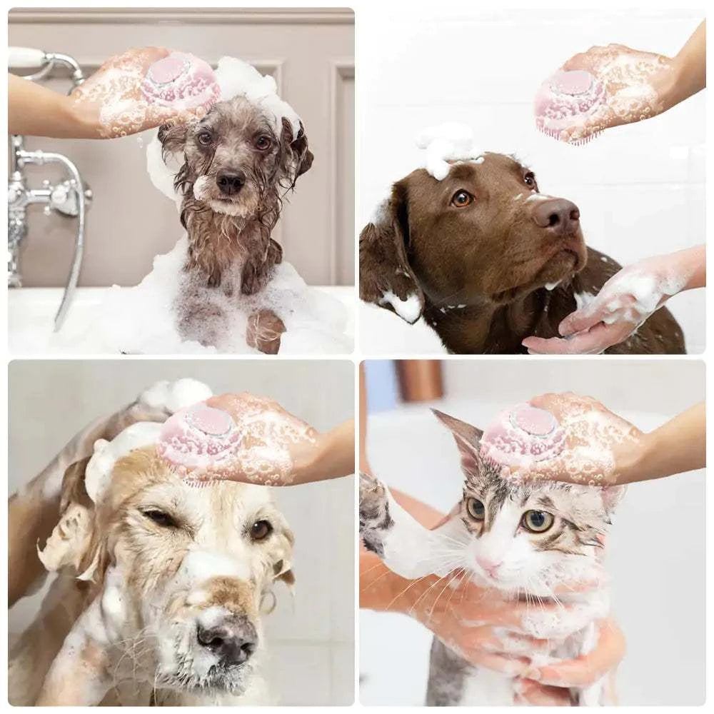 Soft Silicone Dog Brush gently cleaning and massaging dogs and a cat with shampoo foam during bath time