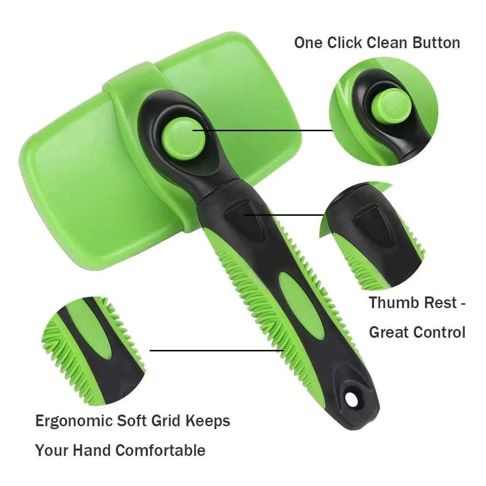 Green ergonomic self cleaning dog brush with one-click hair removal button and anti-slip handle