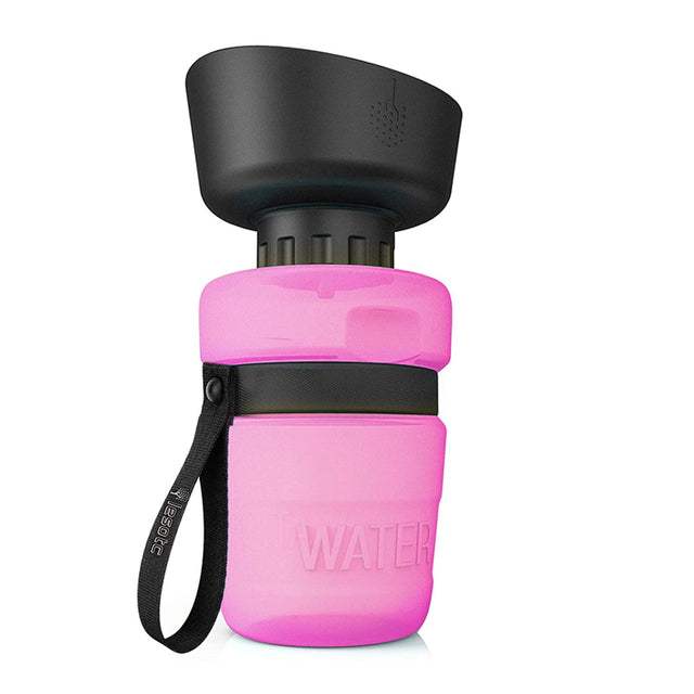 pink foldable cap outdoor dog water bottle with attached bowl and black strap