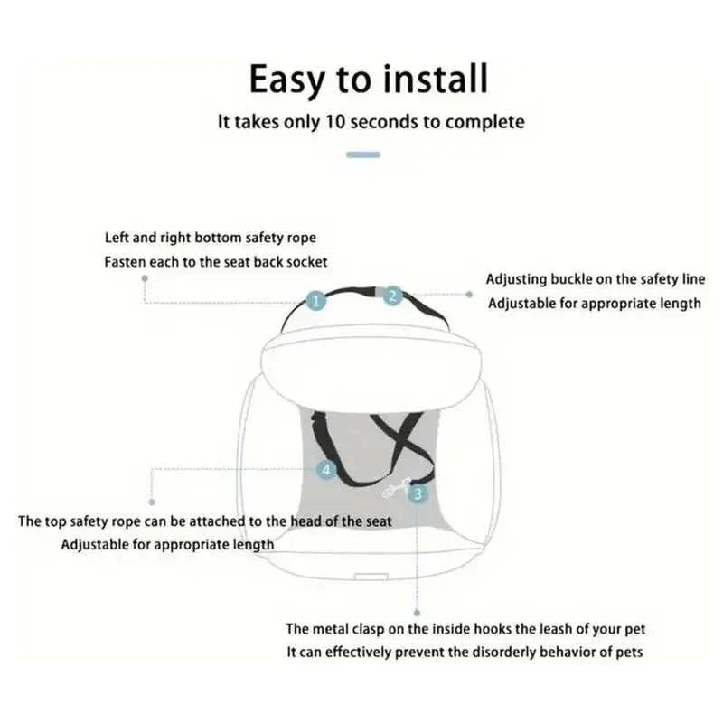 Diagram of installation steps for calming pet car bed showing adjustable straps, safety ropes, and metal clasp for securing pet leash in car seat