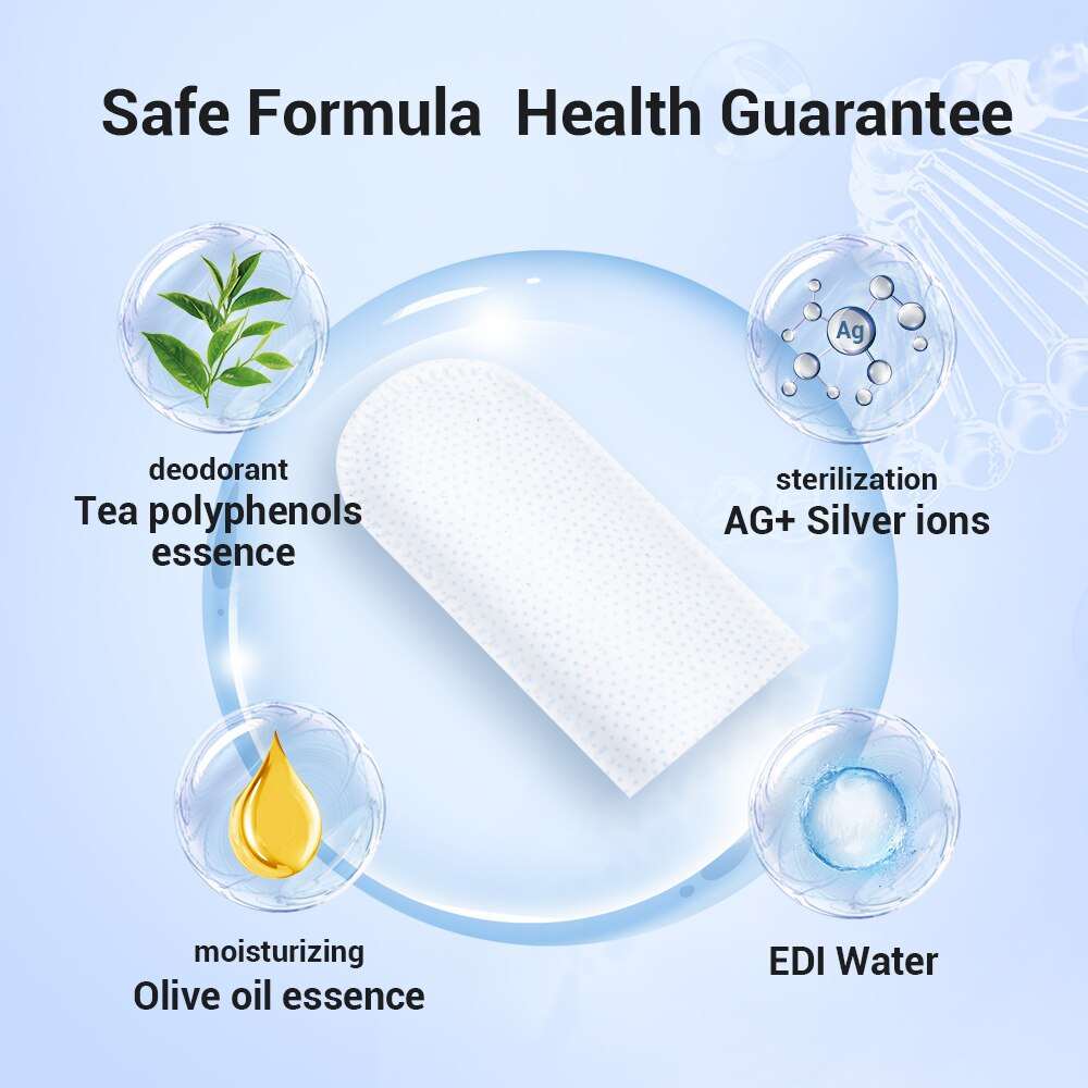 Pet dental cleaning finger wipe with safe formula including tea polyphenols, silver ions, olive oil, and EDI water for gentle oral care