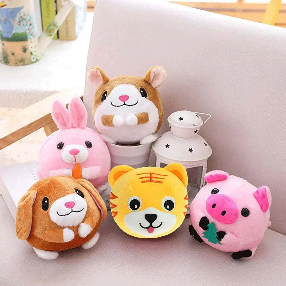 Set of active moving pet plush toys featuring a dog, rabbit, hamster, tiger, and pig for durable and safe pet entertainment.