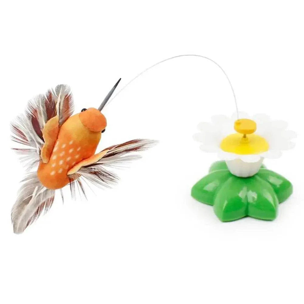Interactive cat toy automatic rotating flying butterfly with feathered bird and flower base
