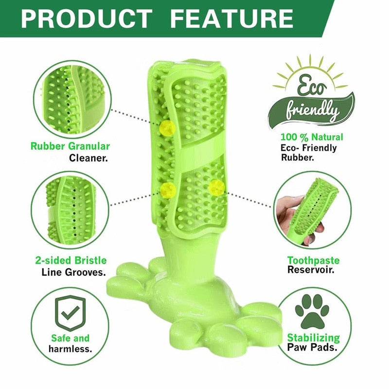 Green dog toothbrush chew toy with rubber granular cleaner, toothbrush bristle grooves, toothpaste reservoir, and stabilizing paw pads