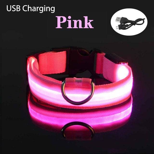 Pink LED flashing dog collar with USB charging and adjustable design for pet safety at night