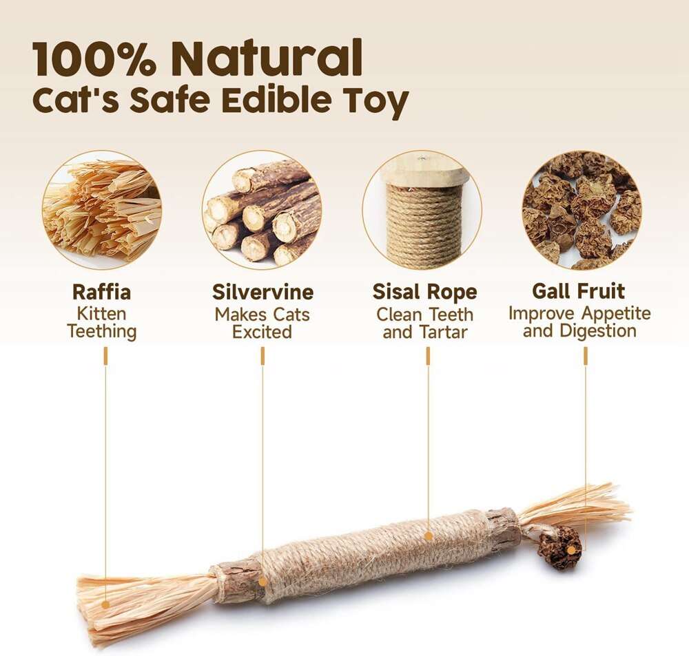 Natural Silvervine Stick cat chew toy with raffia, sisal rope, and gall fruit for dental health and stress relief