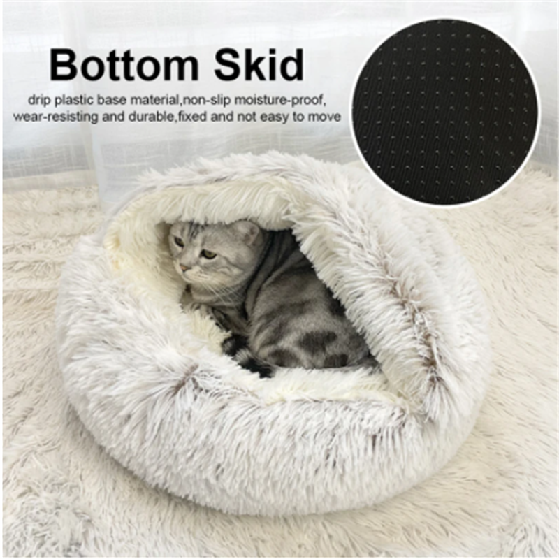 Grey plush pet cat bed with non-slip bottom, cozy and deep design with soft plush fabric for cats to curl up comfortably.