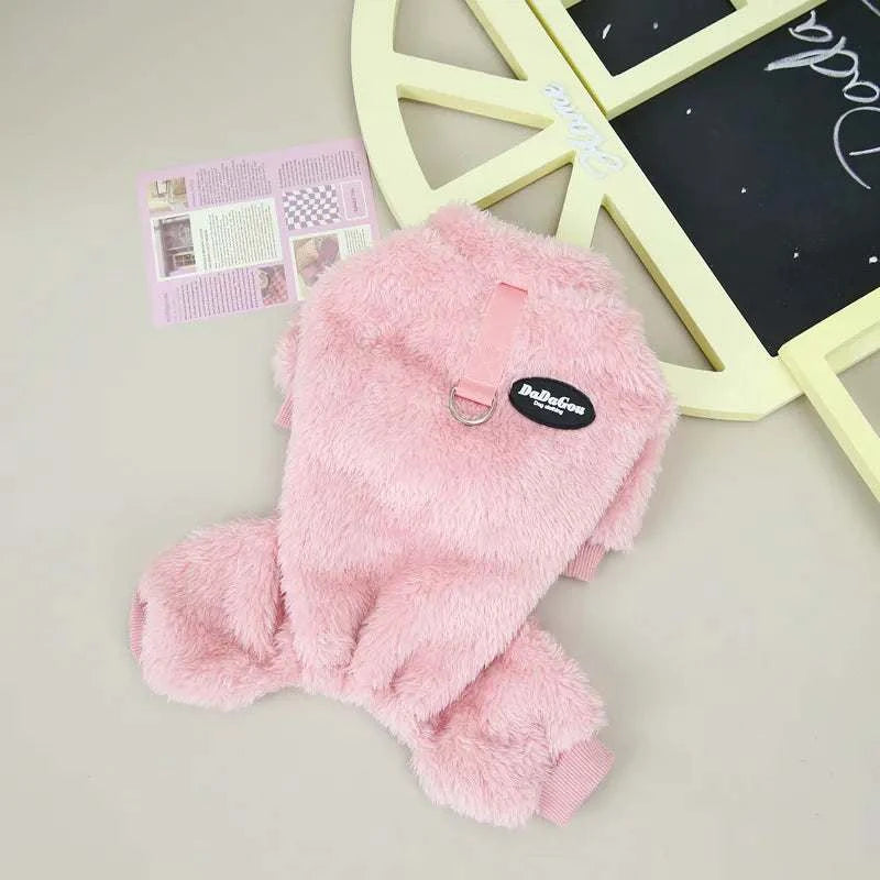 Pink elastic fleece pet jumpsuit with pull ring for warm, cozy fit