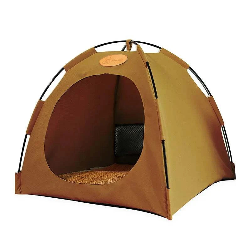 Foldable pet tent in brown with mesh window, portable and cozy retreat for pets.