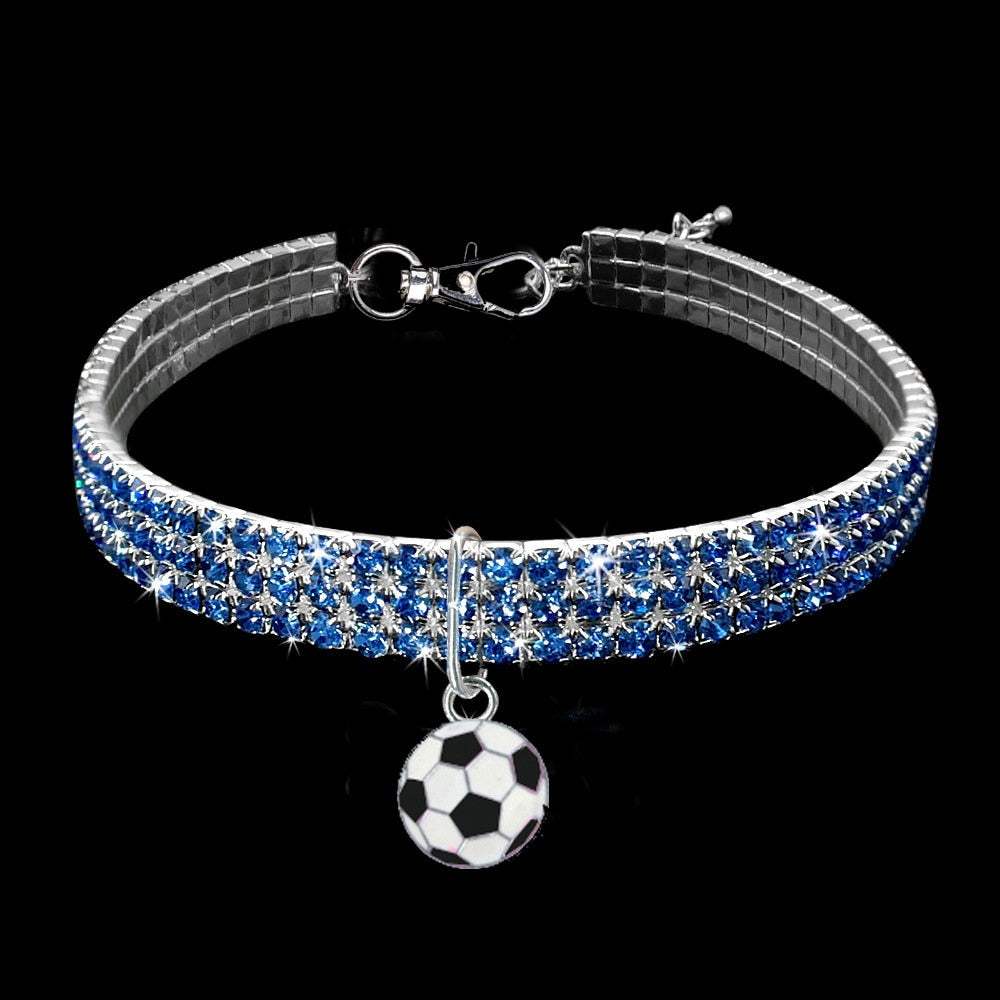 Bling crystal dog collar with blue rhinestones and soccer ball pendant for small dogs and puppies