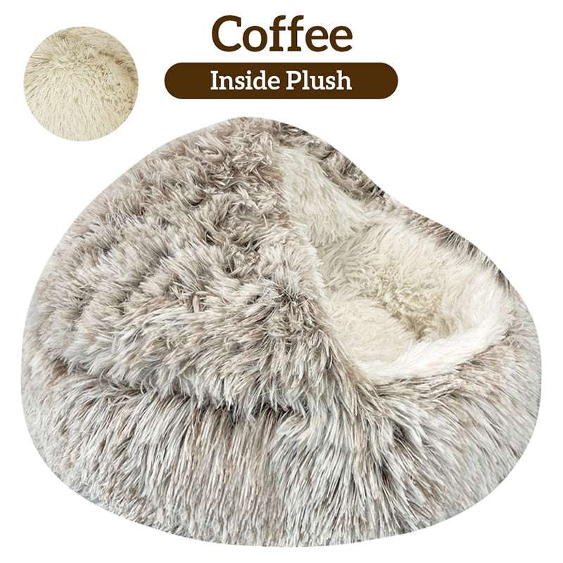 Plush pet cat bed in coffee color with ultra-soft plush fabric and cozy round design