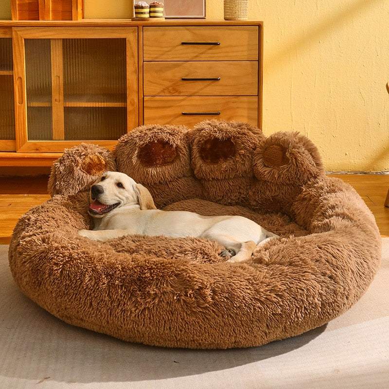 Cute bear paw shaped cozy pet bed with soft plush fabric and raised rim support for dogs and cats