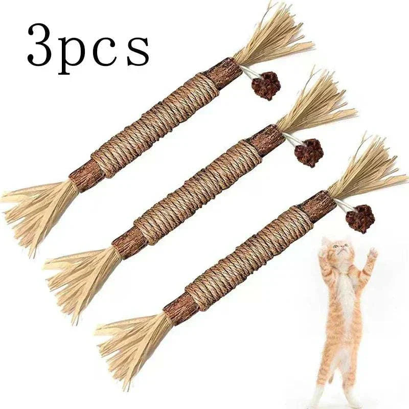 Three natural CAT SILVERVINE CHEWING STICK toys for cats with rope wrapping and tassel ends, ideal for dental health and stress relief.