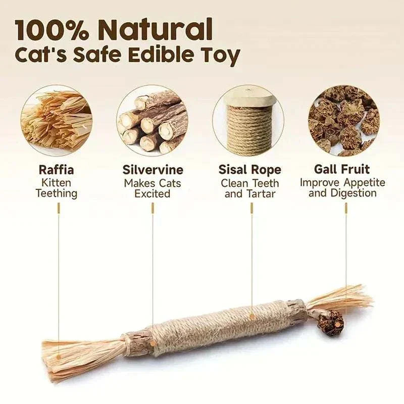 Natural CAT SILVERVINE CHEWING STICK with raffia, silvervine, sisal rope, and gall fruit for cat dental health and stress relief