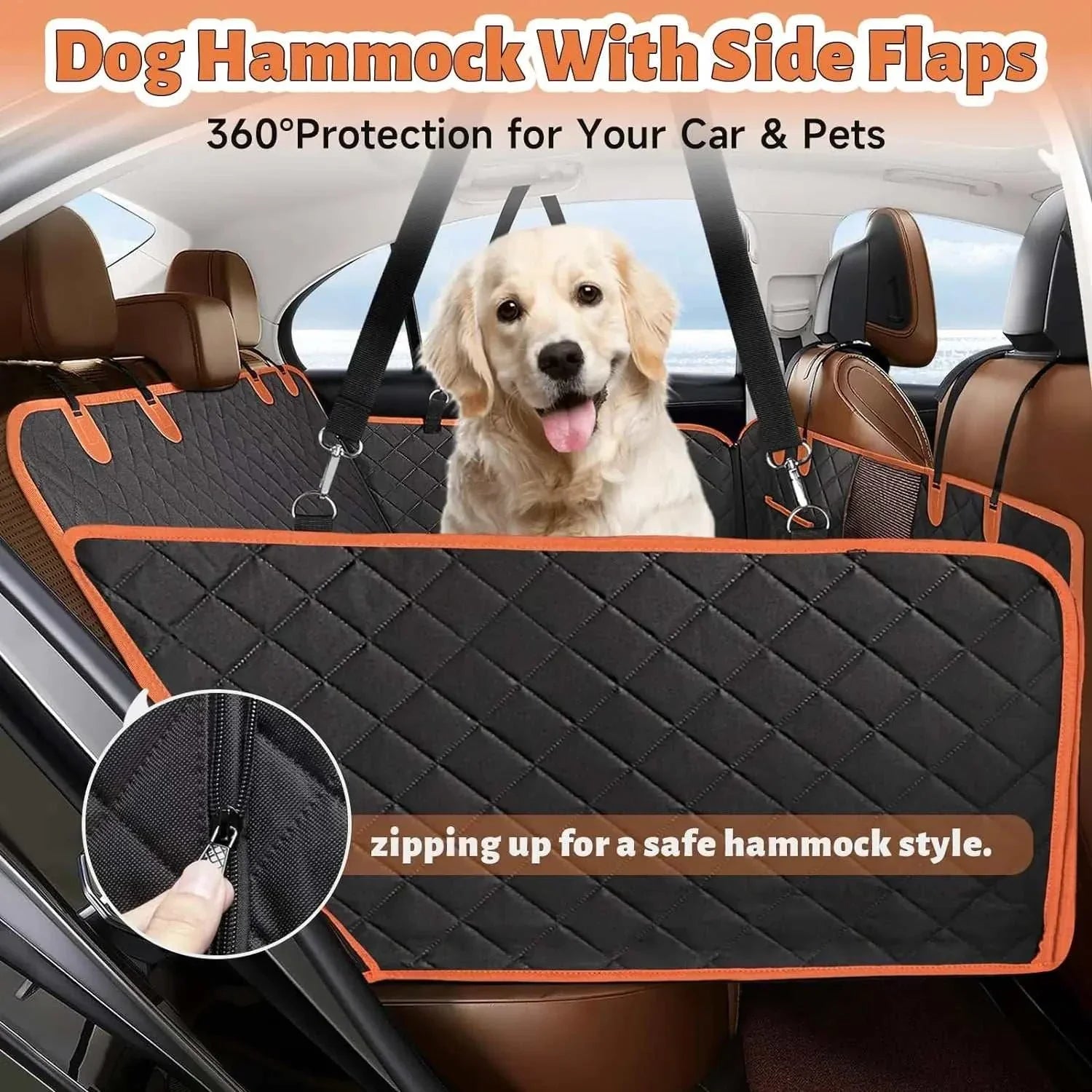Hard bottom dog car seat cover with side flaps and zipper for 360° protection and pet comfort in car