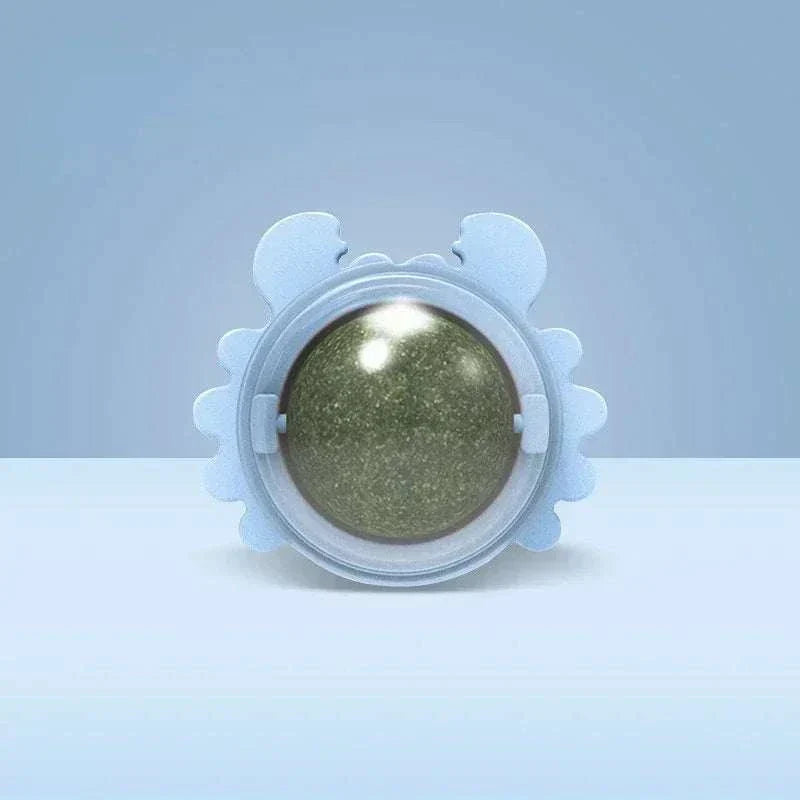 Natural Catnip Rotating interactive cat toy with a crab-shaped blue base and clear center filled with catnip