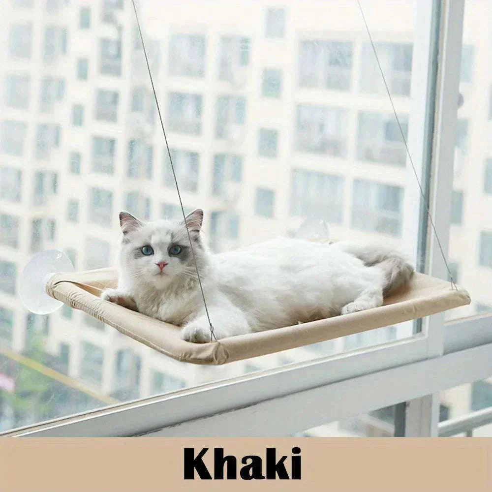 White cat resting on a khaki cat window mounted perch hammock attached to a window