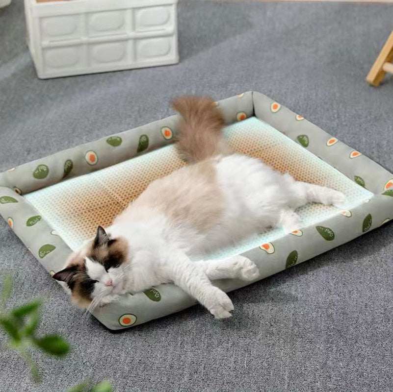 Cat lying comfortably on a Pet Ice Pad Mat designed to keep pets cool and refreshed