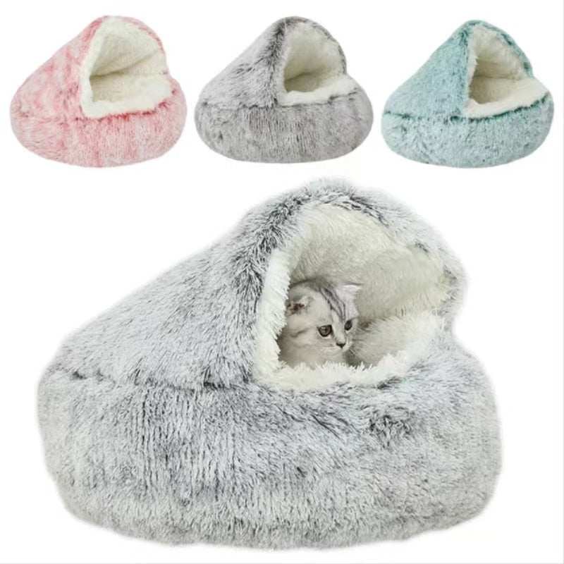 Plush pet cat bed in soft faux fur with cozy enclosed design and non-slip bottom, available in multiple colors for cats' comfort and security.