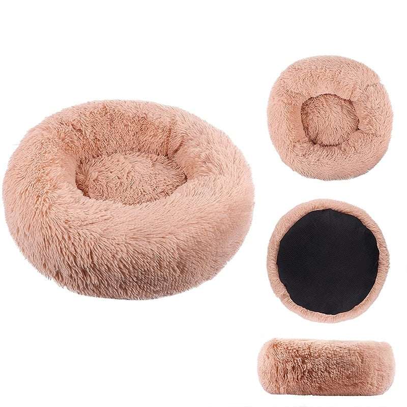Round fluffy calming pet bed in light brown with 7-inch bolster, machine washable and supportive for small dogs up to 25 lbs