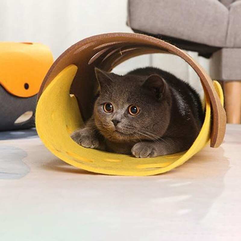 Gray cat playing inside a soft yellow and brown cat tunnel toy on the floor