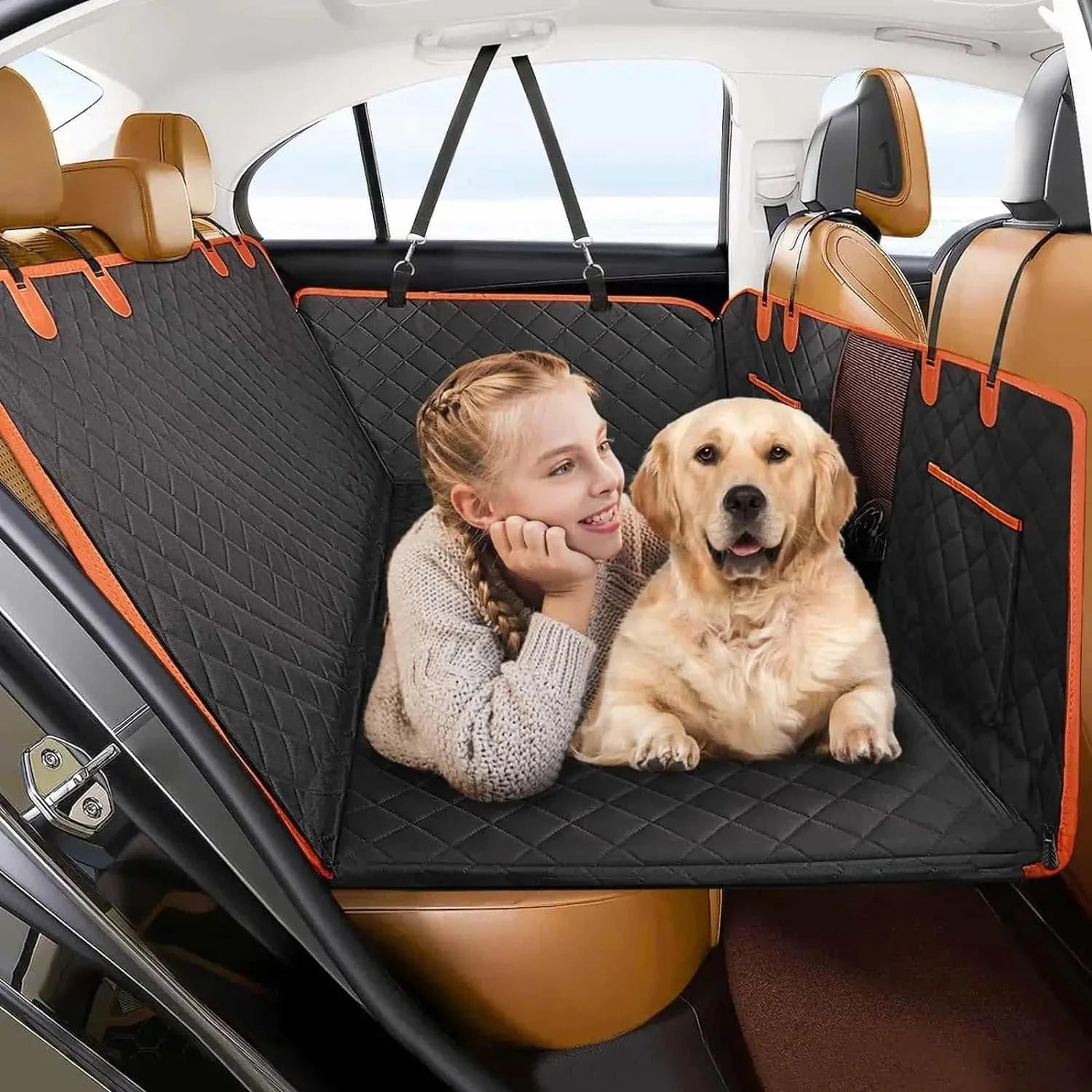 Hard bottom dog car seat cover protecting car seats with a girl and dog sitting comfortably on it