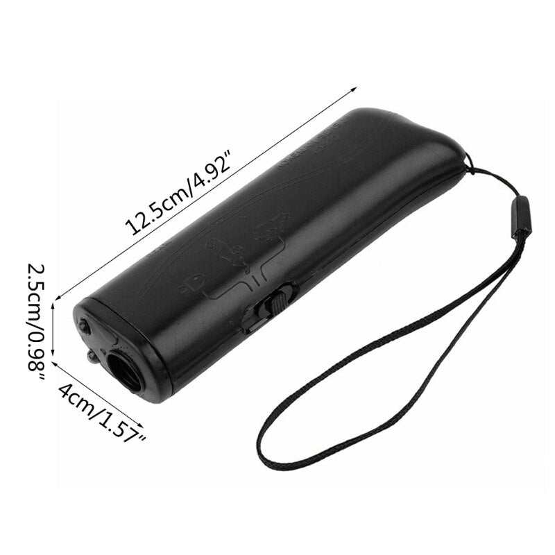 Compact black dog training device with ultrasonic bark control and wrist strap for humane behavior correction