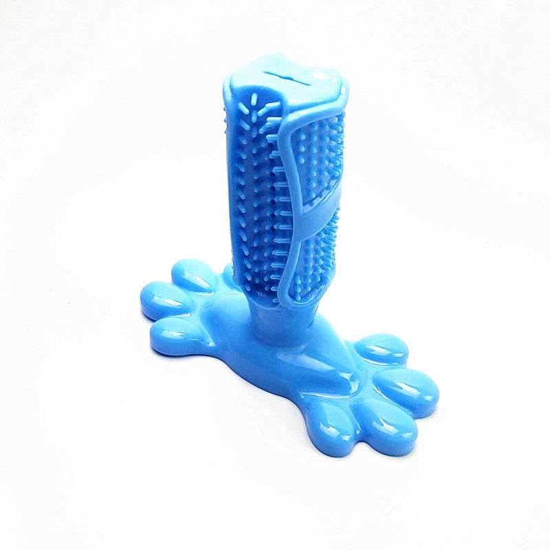Blue EZ Care dog toothbrush chew toy with bristles and paw-shaped base for dental cleaning