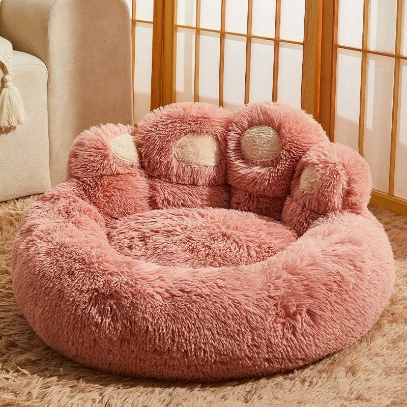 Cute Bear Paw Shape cozy pink plush pet bed for dogs and cats
