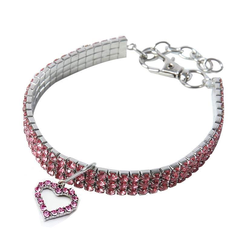 Bling crystal dog collar with pink rhinestones and heart pendant for small dogs and puppies