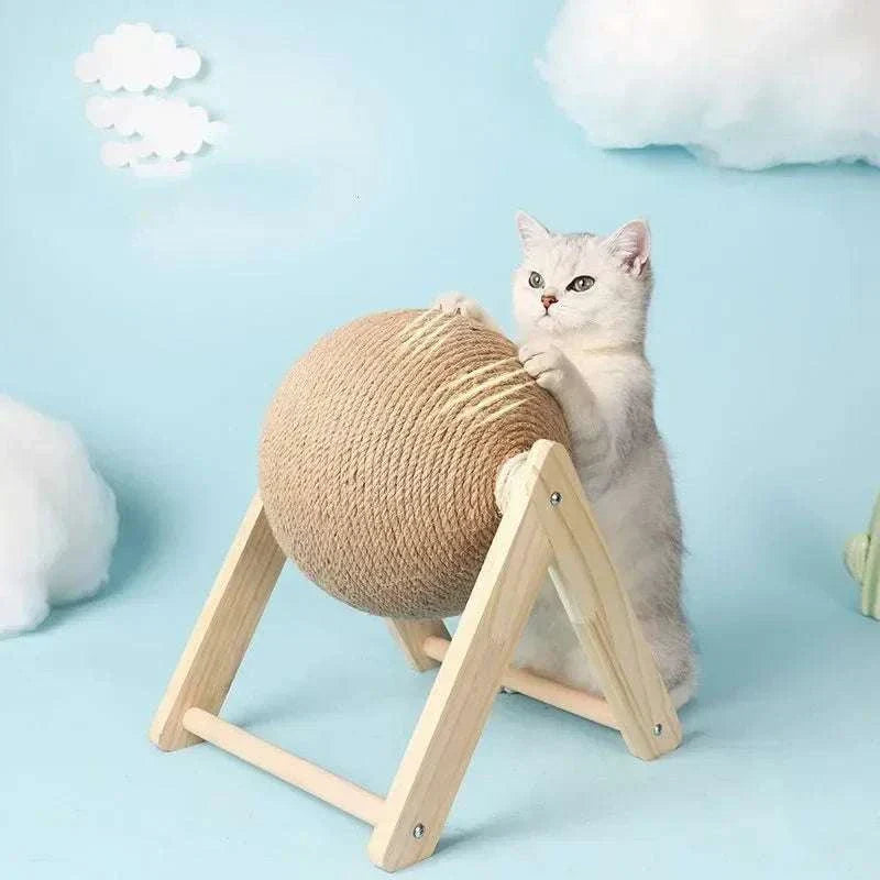 Solid wood cat toy with natural sisal scratcher and attached ball for cat play